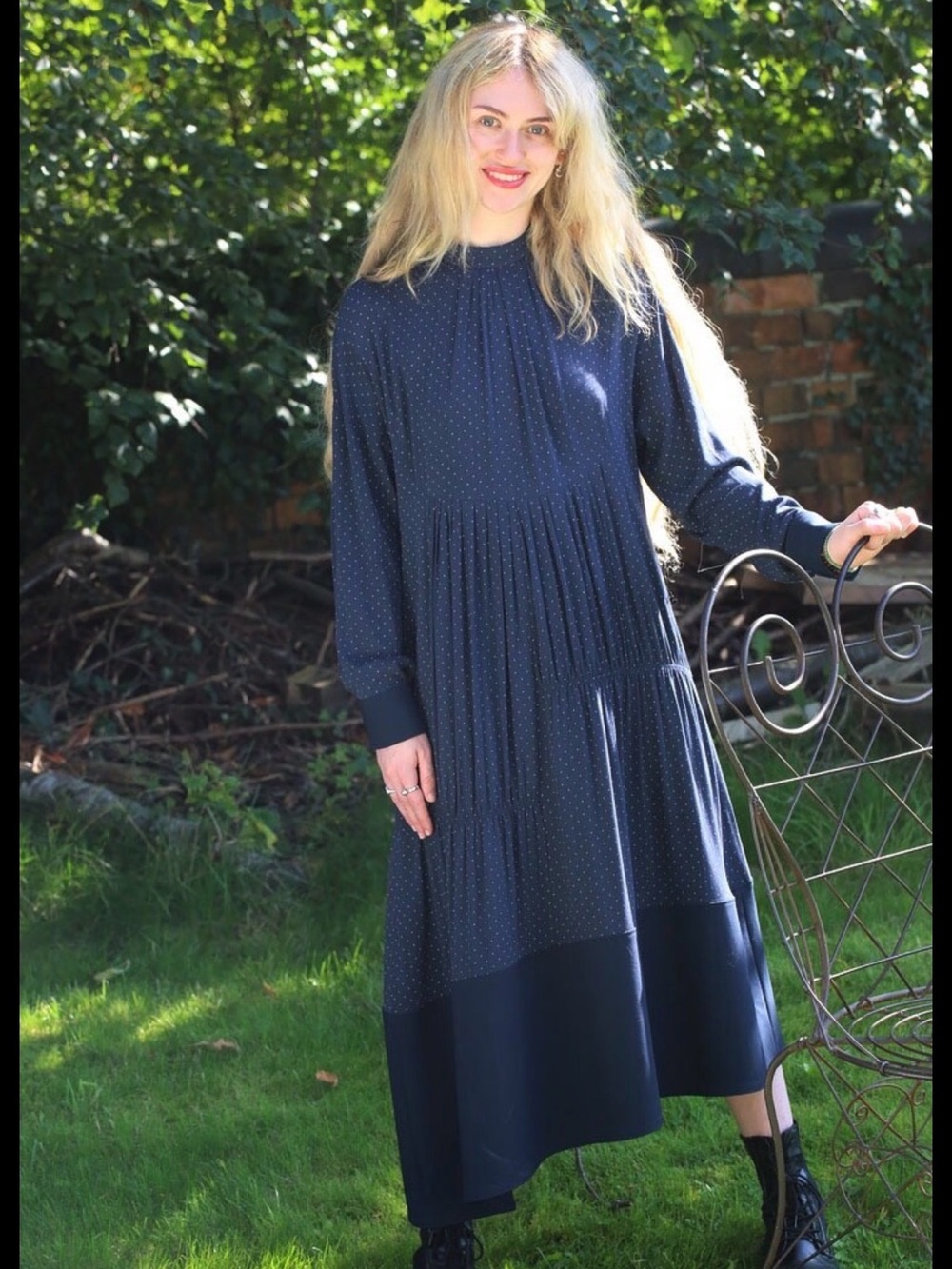 Tibi Navy Long Sleeve Maxi Dress with Micro Dot Print
